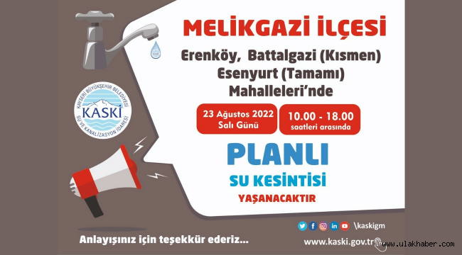 Melikgazi'de planlı su kesintisi yaşanacak