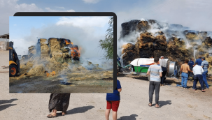 Besicinin saman balyaları alev aldı