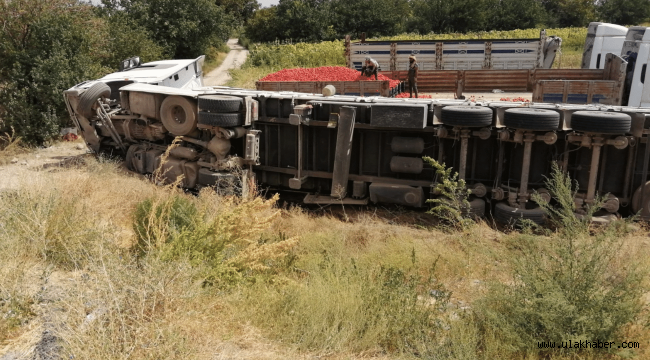 Kayseri'de domates yüklü TIR devrildi