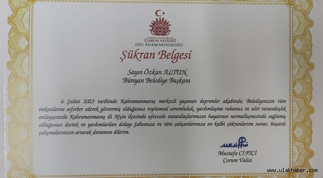 Afet bölgesinden Bünyan Belediyesi'ne şükran belgesi